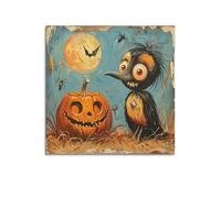 MEQKTQIMA Impression sur toile représentant une citrouille et un oiseau étrange pour Halloween - Décoration murale moderne pour chambre à coucher - 70 x 70 cm