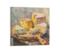 MEQKTQIMA Impression sur toile style peinture à l'huile Plateau de fromage avec différentes textures sur bois Décoration murale moderne pour chambre à coucher 50 x 50 cm