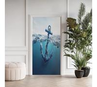 Mer Bleu Stickers pour 3D Imperméable Auto-Adhésif，Eau Mer PVC Poster de Porte，Vague Océan Stickers de Porte Papier Peint 95x205 cm a1R169