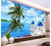 Mer Bleue Cocotiers Architecture Oiseaux En Vol Papier Peint 3D Installation Facile Intissé Tapisserie Bureau Salon Canapé Chambre Décoration Murale-150cm×105cm
