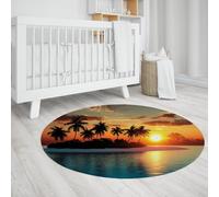 Mer Lever de Soleil Tapis Ronds Détente Vacances île Tropicale cocotiers Arbres Paysage Mince Cercle Tapis pour Salon Salle de Bain 240cm