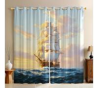 Mer Lot de 2 Rideaux Occultants Un voilier majestueux Polyester Opaque Imprimé 3D, Thermiques et Phoniques, Anti Froid pour Chambre, Salon ou Salle de Jeux 140L X 245H cm