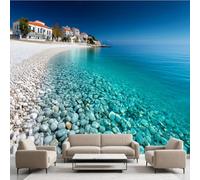 Mer Plage île Paysage Film Autocollant Stickers Muraux Européen Architecture Mer Papier Peint, Ciel Bleu Nuage Blanc Mural pour Salon Chambre Décoratif Murale Pour Meuble Stickers Muraux 250 x 175 cm