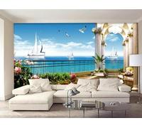Mer Voilier Architecture Couloir Plantes Papier Peint 3D Installation Facile Intissé Tapisserie Bureau Salon Canapé Chambre Décoration Murale-200cm×140cm