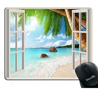 Mer, Vue Magnifique sur L'Océan, Soleil Splendide, Palmiers Paradisiaques Et Fenêtres en Bois Blanc Tapis De Souris Portable Tapis Souris Douce Mouse Pad pour D'Études Bureau Ordinateur 25X30Cm