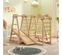 Merax 7-en-1 Structure d'escalade pliante en bois avec toboggan, barre à grimper, balançoire, corde à grimper, échelles en filet - Certifié EN-71