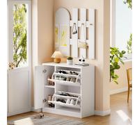 Merax Armoire à chaussures blanche avec 2 portes battantes & miroir, ensemble vestiaire d'entrée, avec crochets et porte coulissante, gain de place, espace de rangement pour petit appartement, blanc