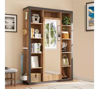 Merax Armoire avec miroir et étagère, vitrine Armoire avec compartiments ouverts, crochets et porte-parapluies, aspect bois-gris-noir