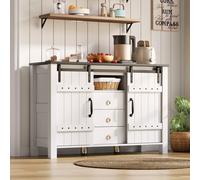 Merax Armoire buffet 120 cm en blanc avec portes coulissantes & 3 tiroirs, armoire latérale en MDF, armoire de bar à café rustique pour la cuisine & le salon