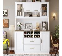 Merax Armoire de buffet haute avec plan de travail, armoire de rangement, buffet avec éclairage LED et prise, six portes, deux grands tiroirs, blanc, 120 x 36,3 x 180 cm