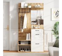 Merax Armoire de couloir moderne 100 x 38,5 x 190 cm - Ensemble de garde-robe avec miroir, armoire à chaussures, banc, tiroir et étagère, meuble de couloir en bois blanc pour entrée et couloir