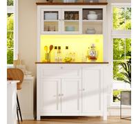 Merax Armoire de cuisine avec plan de travail, armoire haute buffet, éclairage LED, buffet de cuisine avec tiroirs et portes en verre, blanche, 104 x 40 x 180 cm