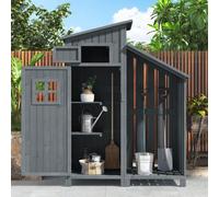 Merax Armoire de jardin 124x46x174cm Armoire à outils avec toit à deux versants et étagère, armoire à outils de jardin en bois, résistant aux intempéries, gris
