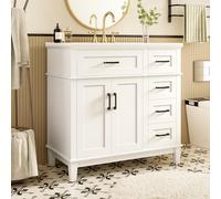 Merax Armoire de salle de bain à poser au sol avec lavabo, armoire sur pied, double porte d'armoire, pieds en bois massif, lavabo en céramique intégré, blanc, 90 x 46 x 87 cm