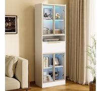 Merax armoire haute 180 cm avec LED 16 couleurs & Bluetooth, vitrine en verre avec tiroir et espace de rangement, bibliothèque avec portes en verre pour le salon