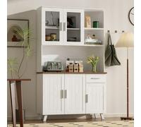 Merax Armoire haute avec 5 portes, 1 tiroir et portes vitrées pour articles de décoration, Buffet avec veines de bois blanc, Armoire rustique pour le salon