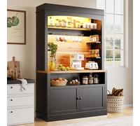 Merax Armoire haute buffet, armoire de cuisine avec plan de travail, vitrine, buffet, buffet avec éclairage LED, étagère ouverte, noir, 107 x 43 x 184 cm