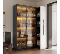 Merax Armoire multifonction 110,5 × 35 × 160 cm, vitrine avec LED, extension latérale, armoire à roulettes, bibliothèque, armoire de salle de bain, pour salon, bureau, salle à manger, noir et blanc