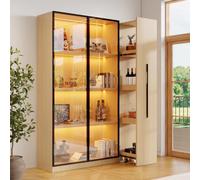 Merax Armoire multifonction 110,5 x 35 x 160 cm avec vitrine, LED, tiroir latéral et roulettes, pour livres, décoration et quotidien, couleur bois