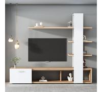 Merax Armoire murale avec trois étagères et une porte, avec deux compartiments de rangement ouverts, ensemble mural TV adapté aux téléviseurs jusqu'à 60 pouces, blanc+naturel