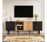 Merax Armoire TV 160 cm avec 3 portes et 2 compartiments ouverts, Lowboard Console média avec beaucoup d'espace de rangement, fer mat, noir & couleur bois