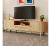 Merax Armoire TV 175cm aspect bois avec tiroir en rotin, compartiments ouverts, meuble TV avec passage de câbles et pieds métalliques, style campagnard, arrondi