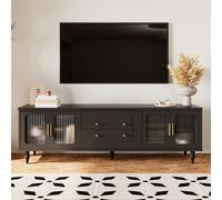 Merax Armoire TV avec tiroirs et portes, Buffet bas avec portes vitrées, Table TV vintage Buffet TV debout, 175x38x55,5 cm, Noir
