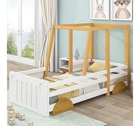 Merax Autobett Lit bébé 90 x 200 cm avec sommier à lattes et roues en MDF Lit de jeu pour enfant avec protection anti-chute, cadre en pin, meubles pour enfants, pour garçons et filles, blanc + naturel
