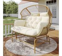 Merax Balancelle de jardin 2 places en rotin synthétique avec coussin d'assise - Banc à bascule - Banc de jardin - Balançoire suspendue - Balançoire double pour jardin, balcon, véranda, couleur bois