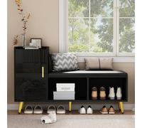 Merax Banc à chaussures avec assise - Noir brillant - Banc de rangement rembourré avec 1 porte d'armoire - 2 compartiments ouverts - Étagère à chaussures pour couloir, entrée, salon, chambre à coucher