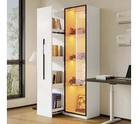 Merax Bibliothèque multifonctionnelle - Armoire 160 cm - Vitrine verre LED étagère coulissante - Blanc - 70 x 40 x 160 cm