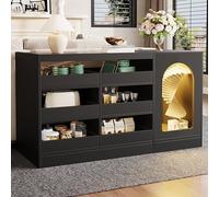Merax Buffet - Armoire de cuisine moderne avec 6 tiroirs ouverts et porte en verre - Armoire de salle à manger moderne avec lumière LED et plateau en verre - Armoire multifonction pour cuisine, salon