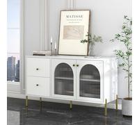 Merax Buffet avec Plateau en marbre, étagères réglables, 2 Portes, 2 tiroirs et élégantes Portes en Verre, 120 cm, Blanc/doré