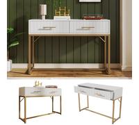 Merax Buffet avec poignées dorées et pied en métal, commode blanche avec 2 tiroirs, pour chambre à coucher, coiffeuse, armoire polyvalente
