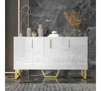 Merax Buffet brillant 140x40x80 cm avec 4 portes, design de façade géométrique, poignées et pieds en métal, commode pour le salon et l'entrée, blanc