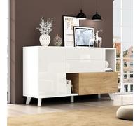 Merax Buffet - Commode blanche brillante - Meuble TV moderne 2 portes 2 tiroirs - Armoire multi-usages salon, salle à manger, couloir - Design sans poignée - 130 cm