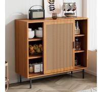 Merax Buffet de cuisine en rotin avec 2 portes en rotin - Buffet avec poignées en bois massif - Noyer - 100 x 37 x 90 cm