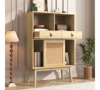 MERAX Buffet en rotin tressé avec 2 tiroirs et 2 compartiments ouverts Commode avec 2 portes coulissantes, bahut, armoire de rangement, Largeur:80cm