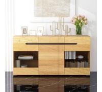 MERAX Buffet meuble de salon - Aspect bois avec LED & étagère en verre- 3 portes 3 tiroirs - 140x35x80cm - Bois Naturel