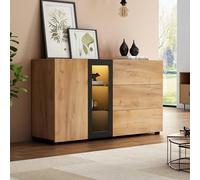 Merax Buffet moderne avec vitrine LED, commode moderne avec 1 porte, 3 tiroirs, étagères en verre, meuble de salon, meuble TV, armoire de cuisine pour salon, salle à manger, marron et noir