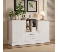MERAX Buffet Salon 140 x 40 x 79,5 cm Blanc et Bois avec 2 Portes, 2 Tiroirs et Niches Ouvertes, Bahut Moderne Style Scandinave