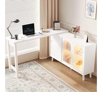 Merax Bureau avec LED, buffet et plan de travail 2 en 1, rotatif à 360°, avec vitrine acrylique éclairée, 3 portes et 1 tiroir, élégant bureau d'ordinateur pour bureau à domicile et salon, blanc