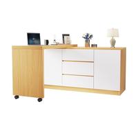 Merax Bureau avec roulettes verrouillables, plateau rotatif à 360°, commode, 2 portes et 3 tiroirs, pour bureau ou appartement, blanc/bois