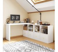 MERAX Bureau d’Angle Pivotant 360° avec Rangement, Bureau Modulable Blanc avec 4 Tiroirs et 4 Étagères