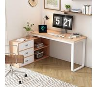 Merax Bureau de bureau avec 3 tiroirs et 2 compartiments de rangement ouverts, cadre tubulaire en acier massif, large plateau en MDF, style minimaliste moderne, naturel