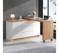 Merax Bureau d'ordinateur en forme de L avec roulettes pivotant et pliable, plateau de 4 cm d'épaisseur, bureau d'angle ou buffet, avec 3 tiroirs et 2 portes, blanc et couleur bois foncé