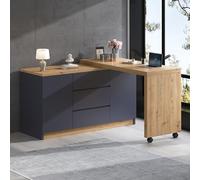 Merax Bureau d'ordinateur en forme de L avec roulettes pivotant et pliable, plateau de 4 cm d'épaisseur, bureau d'angle ou buffet, avec 3 tiroirs et 2 portes, gris foncé et couleur bois