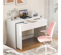 Merax Bureau extensible 2 en 1 avec tiroir 110 x 40 x 78 cm, avec roulettes et freins, peu encombrant, multifonctionnel, pour bureau, chambre à coucher ou petits appartements, blanc