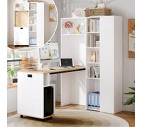 Merax Bureau pliable avec étagère, bibliothèque 2 en 1 & table d'ordinateur, avec prise électrique, USB, étagères réglables en hauteur, 104,5×30,5×160 cm, blanc