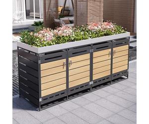 Merax Cache-poubelles à 4 portes, avec jardinière, armoire de rangement de jardin en fer avec aération à long trous, revêtement verrouillable pour poubelles de 2 poubelles, résistant aux intempéries